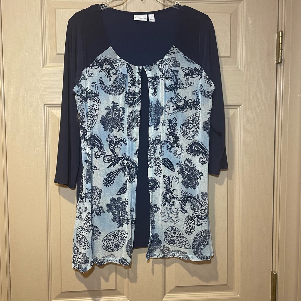 Kim Rogers Navy and Light Blue Paisley‎ Overlay Scoop Neck Blouse, Size Medium